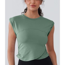 YIPINK Women's Fitted Workout Tank Top​​ Lightweight Yoga Shirt with Waist Gathers - Running & Gym Crop Top Green