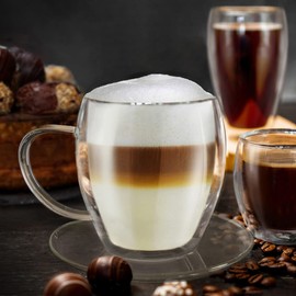 Creano Double Walled Coffee Glasses with Handle & Saucer 250ml - Insulated Cappuccino Cups - Latte Macchiato, Tea - Handmade Heat Resistant Mugs - 2 pcs (Pack of 1)