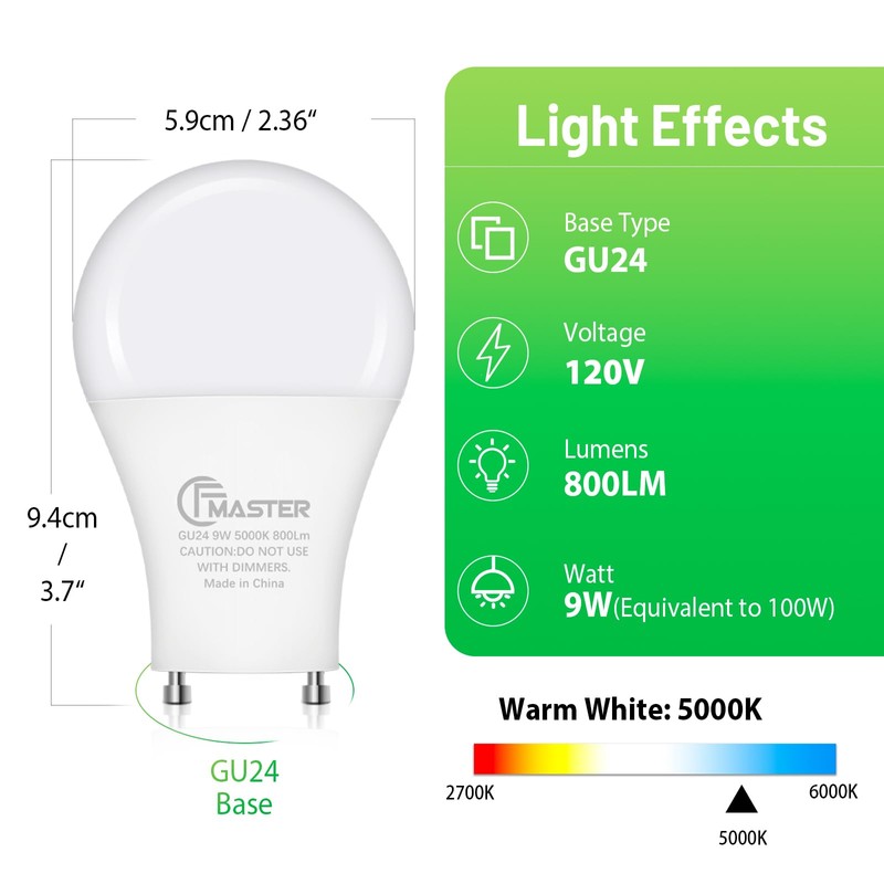CFMASTER GU24 LED Light Bulb, 5000K Daylight, 9W(100W Equivalent), 800