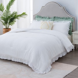 Litanika California King Comforter Set White, 3 Pieces Boho Vintage Solid Ruffle White Comforter Bedding Set, Shabby Chic All Season Soft Lightweight Bed Set (104x96In Comforter & 2 Pillowcases)