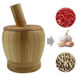 EIKS Bamboo Mortar & Pestle with Lid for Grinding Garlic Spices Herb Ginger Peppercorns Kitchen Tool