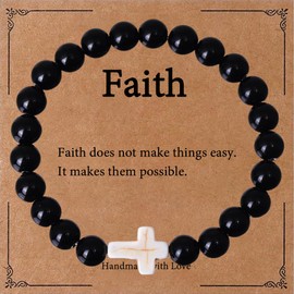 Obsidian Cross Bracelet for Men - Adjustable Protection Jewelry Gifts for Husband, Son, Dad - Christian Baptism Mens Bracelet with Gift Box (Obsidian)