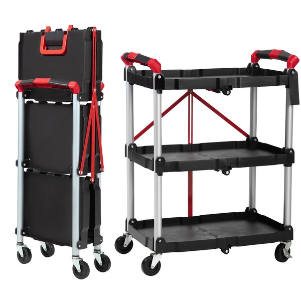 Folding Service Cart, Collapsible Utility with Wheels, 3 Tier Rolling