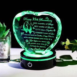 YWHL 35th Wedding Anniversary Crystal Heart Gifts for Parents Couples with LED Base Laser Engraved Happy 35th Anniversary Keepsake Plaque Gift for Husband Wife 35 Years of Marriage Gifts for Her Him