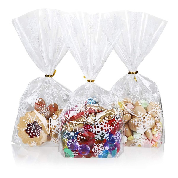 GWHOLE Pack of 100 Christmas Cookie Bags, Snowflakes, Clear Cellophane Bags, Candy Bags, Christmas Cellophane Bags with Twist Ties for Party Decorations