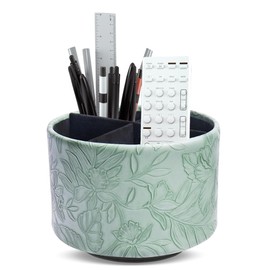 Lvkjafaz Round Leather Art Supply Organizer,Remote Control Holder,360 Degree Spinning,Multi-Functional Pencil Holder,4 Compartments Desktop Stationary Organizer(1-Carved Dark Green)