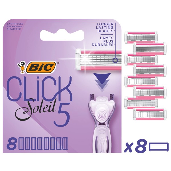 Bic Click 5 Soleil Women's Razor Refills, 3 Moveable Blades and Lubricating Strip - Box of 8 Cartridges, Purple, 8 Count (Pack of 1)