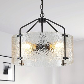 Juhoural 4 Light Glass Drum Chandelier, 18'' Rustic Dining Room Light Fixtures Over Table, Farmhouse Round Black Chandelier for Dining Room Hallway, Waterglass