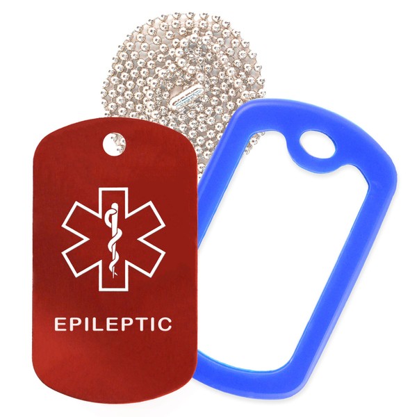 Epileptic Medical Alert ID Necklace with Red Tag, Blue Silencer, and 30'' USA Chain - 154 Color Choices