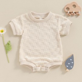 baorji Newborn Baby Boys Girls Bubble Romper Cute Short Sleeve Crew Neck Checkerboard Bodysuit Infant Summer Playsuit (Apricot, 6-12 Months)