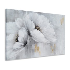 MYBEAUTYWALLA Grey and White Poppy Flower Canvas Wall Art - Hand Painted Floral Painting with Gold Foil - Abstract Magnolia Picture for Living Room Bedroom Bathroom Decor
