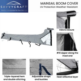 SavvyCraft Waterproof Mainsail Boom Cover, Heavy Duty 600D Sailboat Mainsail Cover UV Protection Weather-Resistant, Boom Length 9'-10' Gray