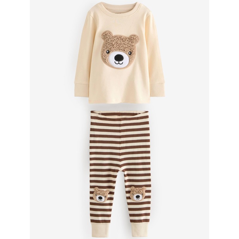 NEXT Snuggle 3 Pack 100% Cotton Pyjamas, Brown/Cream