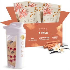 RYZE SUPERFOODS Mushroom Protein Overnight Oats, Oatmeal with 6 Adaptogenic Mushrooms and 20g Grass-Fed Whey Protein & Chia Seeds, Lions Mane, Turkey Tail, Shiitake, Reishi, Healthy Breakfast, 7 servings