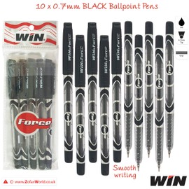 WIN 10 x 0.7mm Tip Ball Pens Force Smooth Biros BLACK Ballpoint Pens Quality Ink