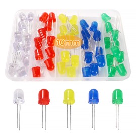 Lyeteung 50 PCS 10mm LED Diode, 2-Pin Light Emitting Diode, Round Head LED Diodes, White/Green/Red/Blue/Yellow