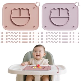 2 Pack Silicone Baby Placemats with Non-Slip Strong Suction Base and Anti-Drop 8 Stretchable Straps, BPA Free Food Grade Silicone Table Mats for Babies Toddlers, High Chair, Dining Tables,Pink+Purple