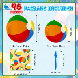 96 Pcs Pool Beach Summer Party Plates Napkins, Beach Theme Party Decorations, Hawaiian Summer Ball Plates Pool Decorations Supplies for Kids, Serves 24