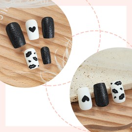 TBRZTR 24Pcs Valentine's Day Press on Nails Short Square False Nails Black Love Heart Lips Design Matte Artificial Nails Full Cover Frosted Handmade Coffin Nails Valentine's Stick on Nails for Women
