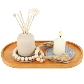 Yiranok Wooden Candle Tray Holder Decorative Tray Serving Trays for Coffee Table Centerpiece Home Decor Wood Tray for Kitchen Counter with Beads Decor and 2 Coasters (Ellipse-Big, 13.8" x 7")