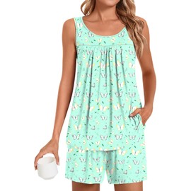 POPYOUNG Pajama Set for Women Summer Sleeveless Tank Tops Pjs Sets 2 Piece Lounge Set Comfy Shorts Sleepwear with Pockets 2XL, Colorful Green Butterfly