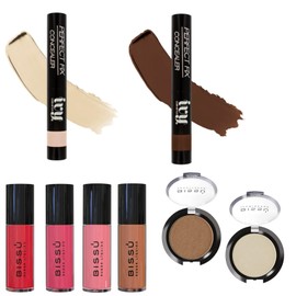 Set Maquillaje Corrector Perfect Fix Ivy + Rubor Liquido Bissu + Iluminador y Bronceador Bissu