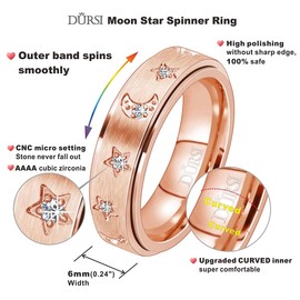 DURSI Moon Star Spinner Ring Fidget Anxiety Worry Rings for Women Girls Stainless Steel Engagement Wedding Promise Band with CZ Diamends 6mm (Rose Gold, 4)
