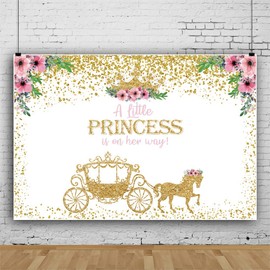 Leyiyi 5x3ft Princess Baby Shower Backdrop A Little Princess is on Her Way Pink Floral Gold Crown Carriage Photography Background Gold Spots Glitter Photo Backdrop for Baby Girls Birthday Party