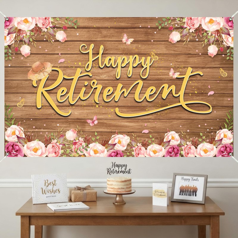 Rustic Floral Retirement Banner Party Decorations For Women 5.9x3.6ft