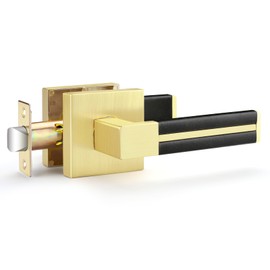 EHOMEWARE 1 Pack Gold Door Lever with Black Leather Handle, Brass Interior Door Handle Passage Door Lever for Hallway Closet, Door Lever with Universal Handling for Right or Left Handed Doors