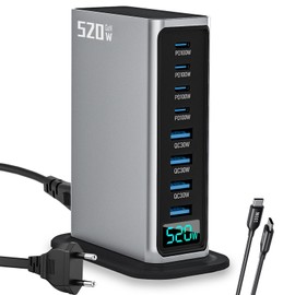 520W USB C Fast GAN Charger Block，8 Port USB Charging Station，Suitable for Multiple DevicesSmartphoneLaptopWall Charger Compatible (Silver)