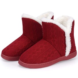 TUOBUQU Slipper Boots Women Winter Warm Fuzzy House Knit Bootie Slippers Ladies with Hard Sole for Indoor Red L 9-10