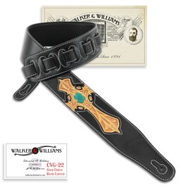 Walker & Williams CVG-22 Padded Leather Guitar Strap with Hand Tooled Christian Cross