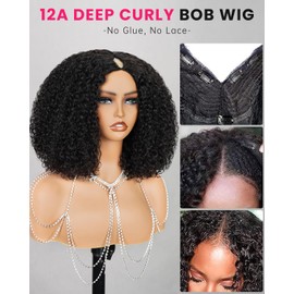 MEGALOOK V Part Wig Human Hair 180% Density Half Wigs for Women 12A Deep Curly Wig Human Hair Highlight Wig Glueless U Part Wig with Clip Beginner Friendly No Sew In No Glue 20Inch FB30#