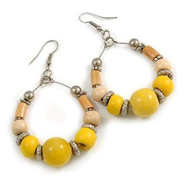 Lemon Yellow Ceramic/Natural Wood Bead Hoop Earrings In Silver Tone - 70mm Long