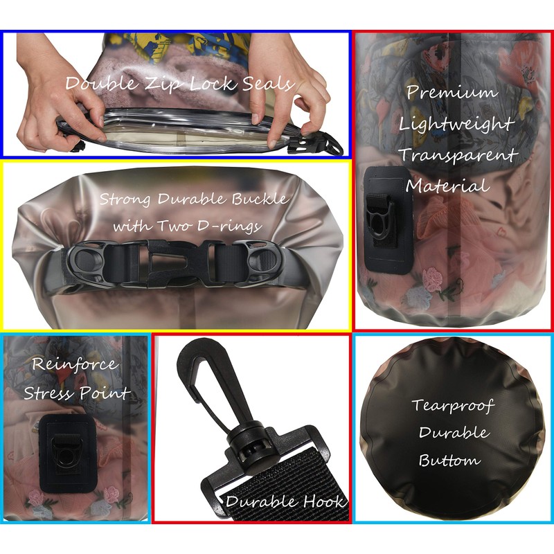 Waterproof Dry Bag - Transparent Lightweight Dry Sack with Strap,