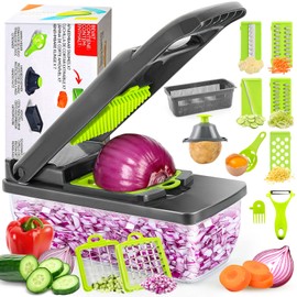 Vegetable Chopper Cutter Slicer, 3-in-1 Multifunctional Veggie Chopper with 8 Blades, Mandoline Slice for Salad, Onion, Garlic, Food Chopper with Container, Essential Kitchen Tool - Grey Green