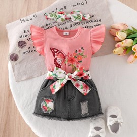 TOKIAGO New Born Clothes Baby Girl Infant Summer Outfits Cute Ruffle Butterfly Printed Romper + Denim Skirt + Headband 3pcs Shorts Set Coral 0-3 Months