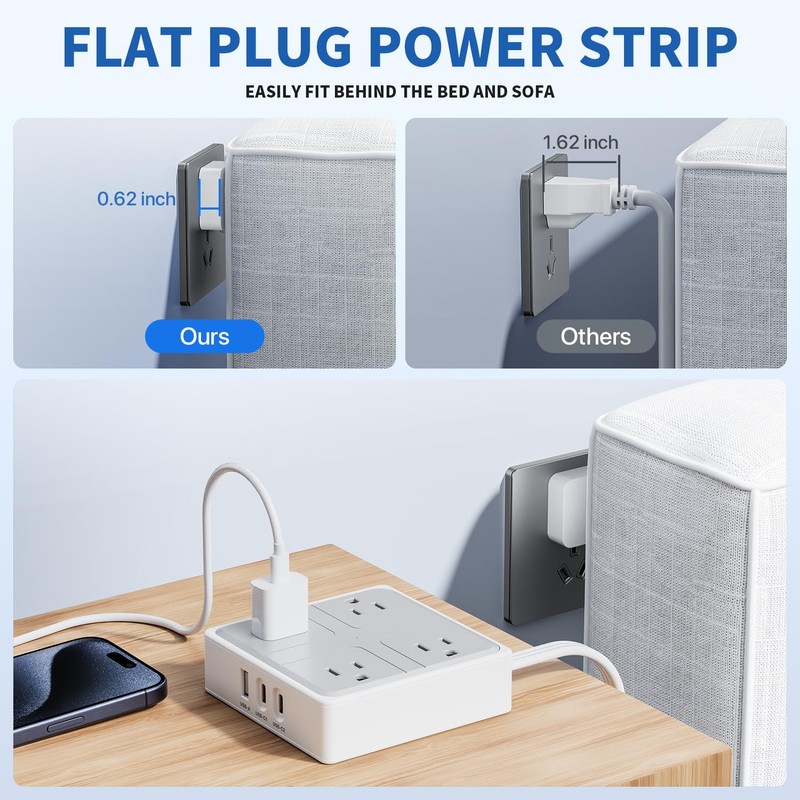 Flat Plug Power Bar with USB C, 4FT Ultra-Thin Extension