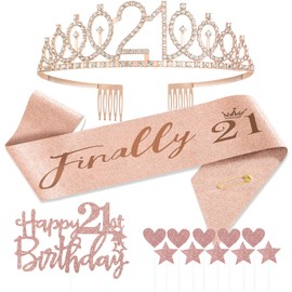 Jonvell 21st Birthday Sash and Tiara for Girls, Rose Gold Birthday Sash and Crown, 21st Birthday Girl Gifts for 21st Birthday Party Decoration