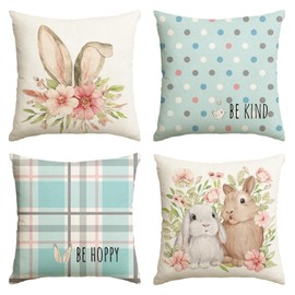 AVOIN colorlife Easter Rabbit Flower Buffalo Plaid Be Hoppy Bule Throw Pillow Cover, 18 x 18 Inch Polka Dot Bird Be Kind Cushion Case Decoration for Sofa Couch Set of 4