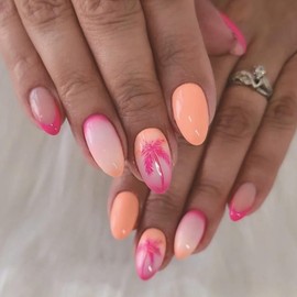 Summer Press on Nails Short Almond Fake Nails Full Cover Pink Coconut Tree False Nails with Gradient French Designs Nail Tip Glossy Glue on Nails Acrylic Nails Artificial Nails for Women Girls 24Pcs