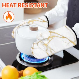 Oven Mitts and Pot Holders Sets White Gold Marble Kitchen Accessories of 4 Heat Resistant Oven Gloves Hot Pads with Non-Slip Silicone Surface for Chef Cooking Baking