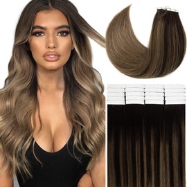 Loxxy Tape in Hair Extensions Human Hair Invisible Remy Brazilian Hair Extensions Tape in Balayage #2-6 Darkest Brown Mixed With Medium Brown Natural Straight Thick Hair 14inch 50Gram