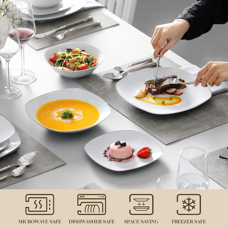 MALACASA Dinnerware Sets, 24 Piece Porcelain Square Dishes, White with