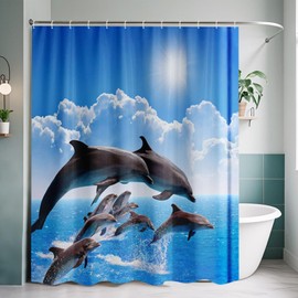 WOWTOY Shower Curtain with 12 Hooks, Waterproof Polyester Fabric Bathroom Bathtub Shower Curtain Liner, Weighted Hem, Washable, Quick Dry (180 x 180cm, Ocean 02)