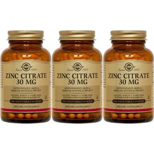 Solgar Zinc Citrate 30 mg 100 Vegetable Capsules (1 Pack of 3 bottles)