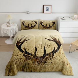 Feelyou Antler Comforter King Size for Kids Boys Girls Farmhouse Wild Deer Comforter Set Rustic Decorative Retro Wild Animal Bedding Set, All Season, Ultra Soft, King, 1 Comforter 2 Pillowcase