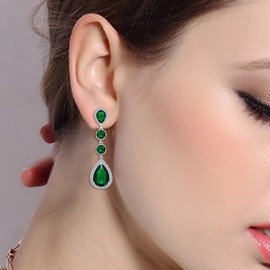 EleQueen Women's Silver-Tone Cubic Zirconia Teardrop Bridal Dangle Earrings Emerald Color