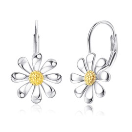 KRFY Daisy Earrings 925 Sterling Silver Flower Earrings 18K White Gold Plated Flower Leverback Earrings Flower Dangle Drop Earrings for Women